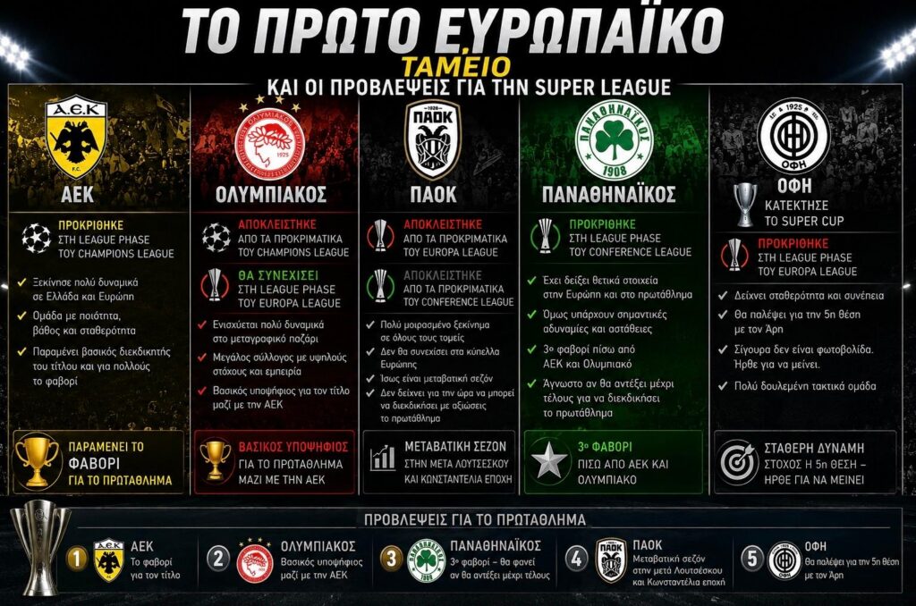 Infographic με τις προβλέψεις της Super League και την ευρωπαϊκή αποτίμηση των ελληνικών ομάδων.